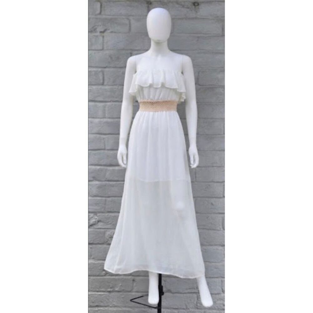 Charming Charlie White Strapless Belted Ruffle Chiffon Boho Maxi Dress Size S